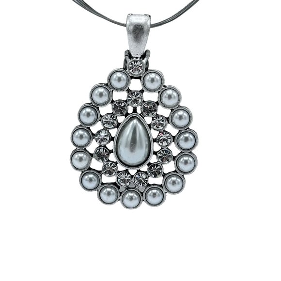 Silver Beaded Wire Corded Teardrop Necklace Elegant - Picture 2 of 6